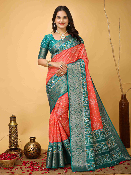 Bandhini Saree Carrot Red