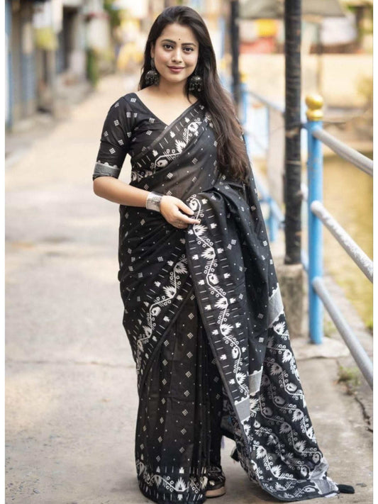 Black Chanderi Cotton Saree