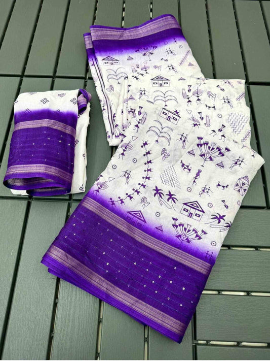Cotton Saree White Blue