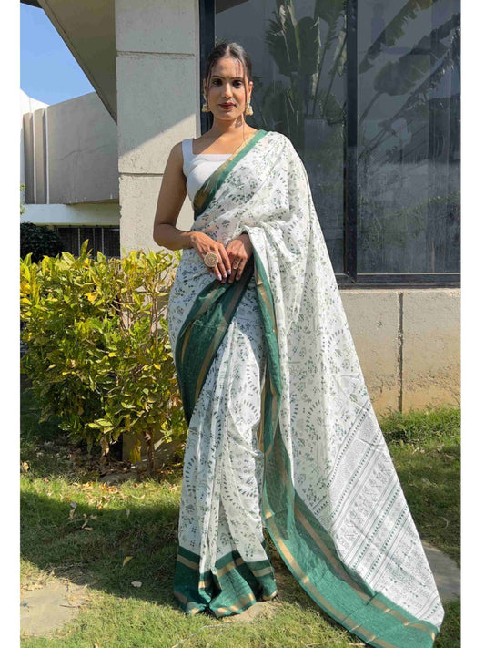 Cotton Saree White Green