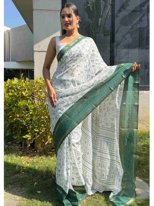 Cotton Saree White Green
