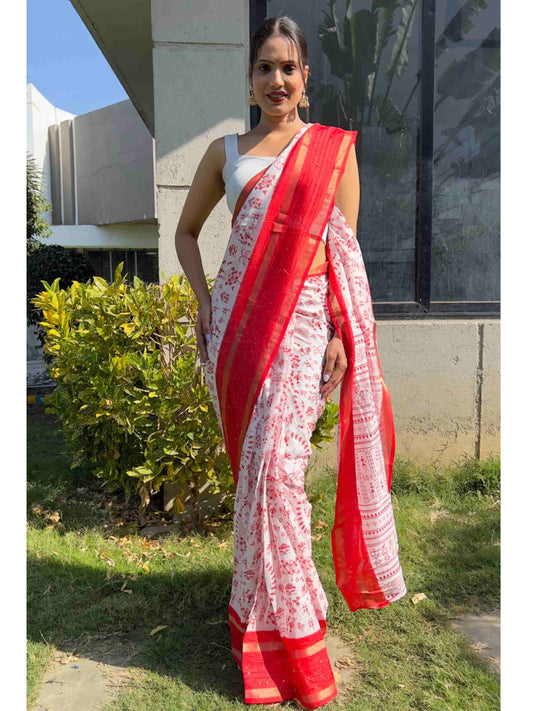 Cotton Saree White Red