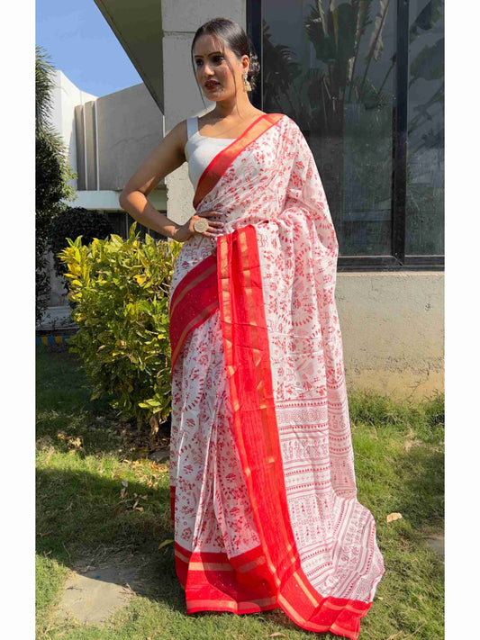 Cotton Saree White Red