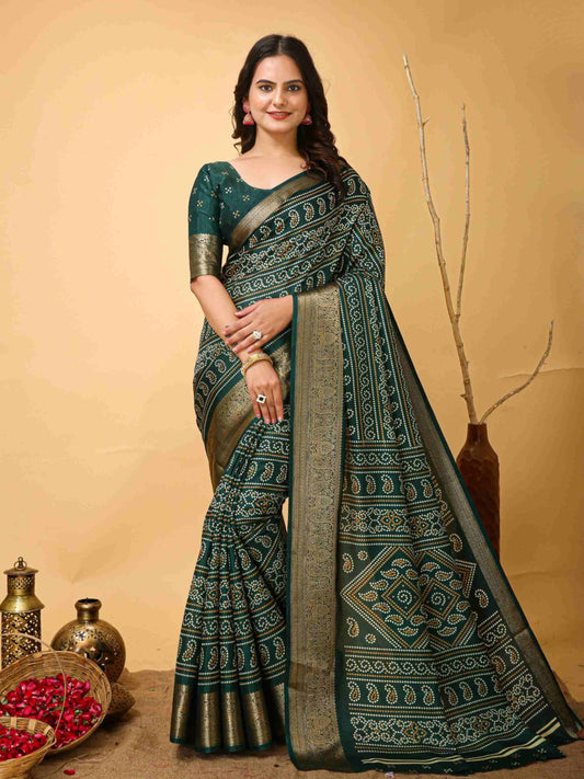 Green Bandhani Printed Saree