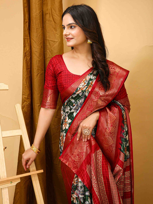 Green Dola Silk Cotton Saree with beautiful floral Print