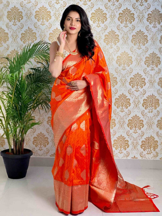 Orange Banarasi silk saree