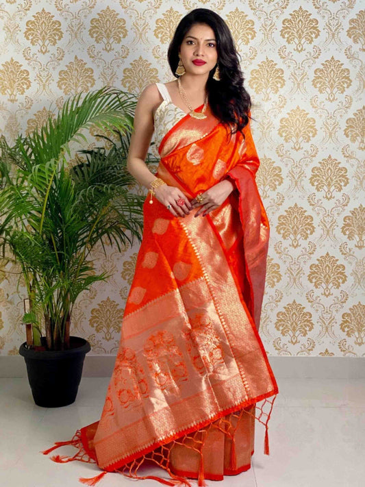 Orange Banarasi silk saree