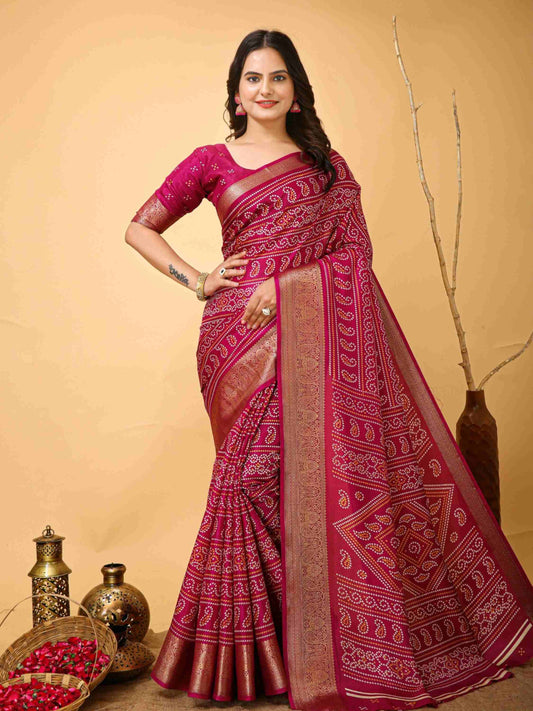 Pink Bandhani printed saree