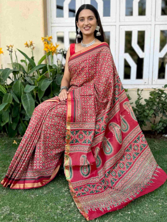 Pure Mulmul Cotton Saree Red