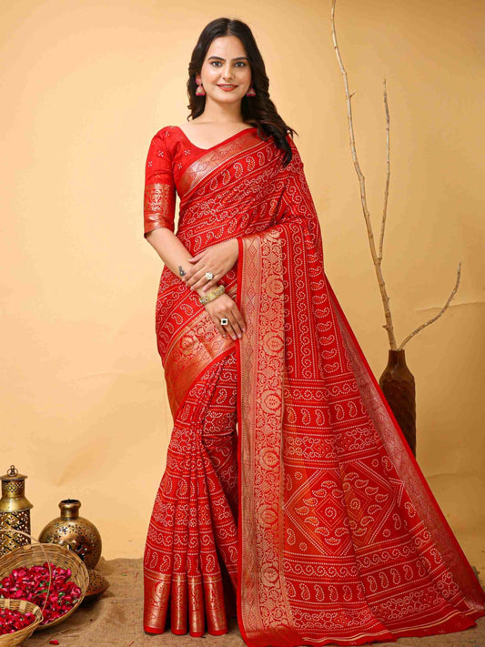 Red Bandhani Printed Saree