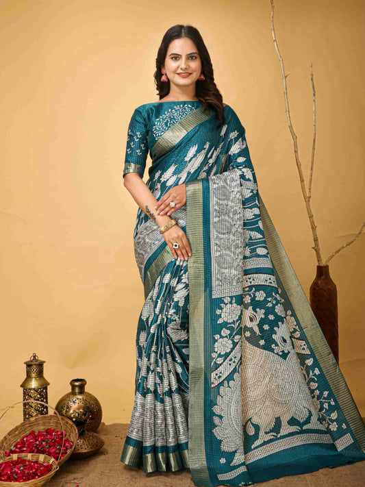Teal Blue Handloom Cotton Saree