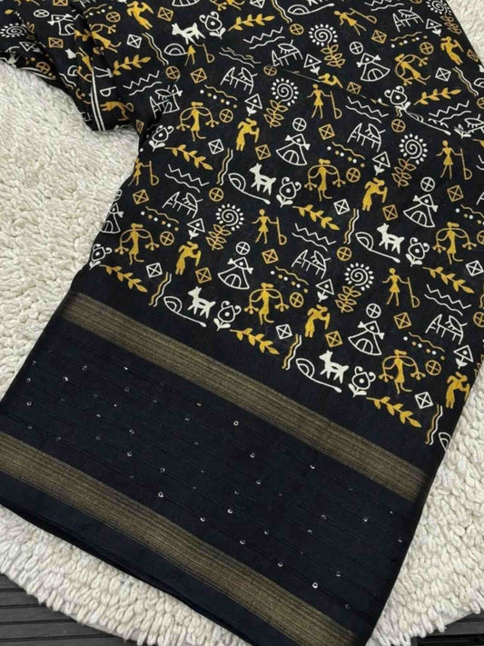 Black Cotton Dola Silk Saree