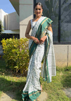 Cotton Saree White Green