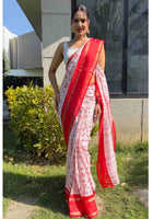 Cotton Saree White Red