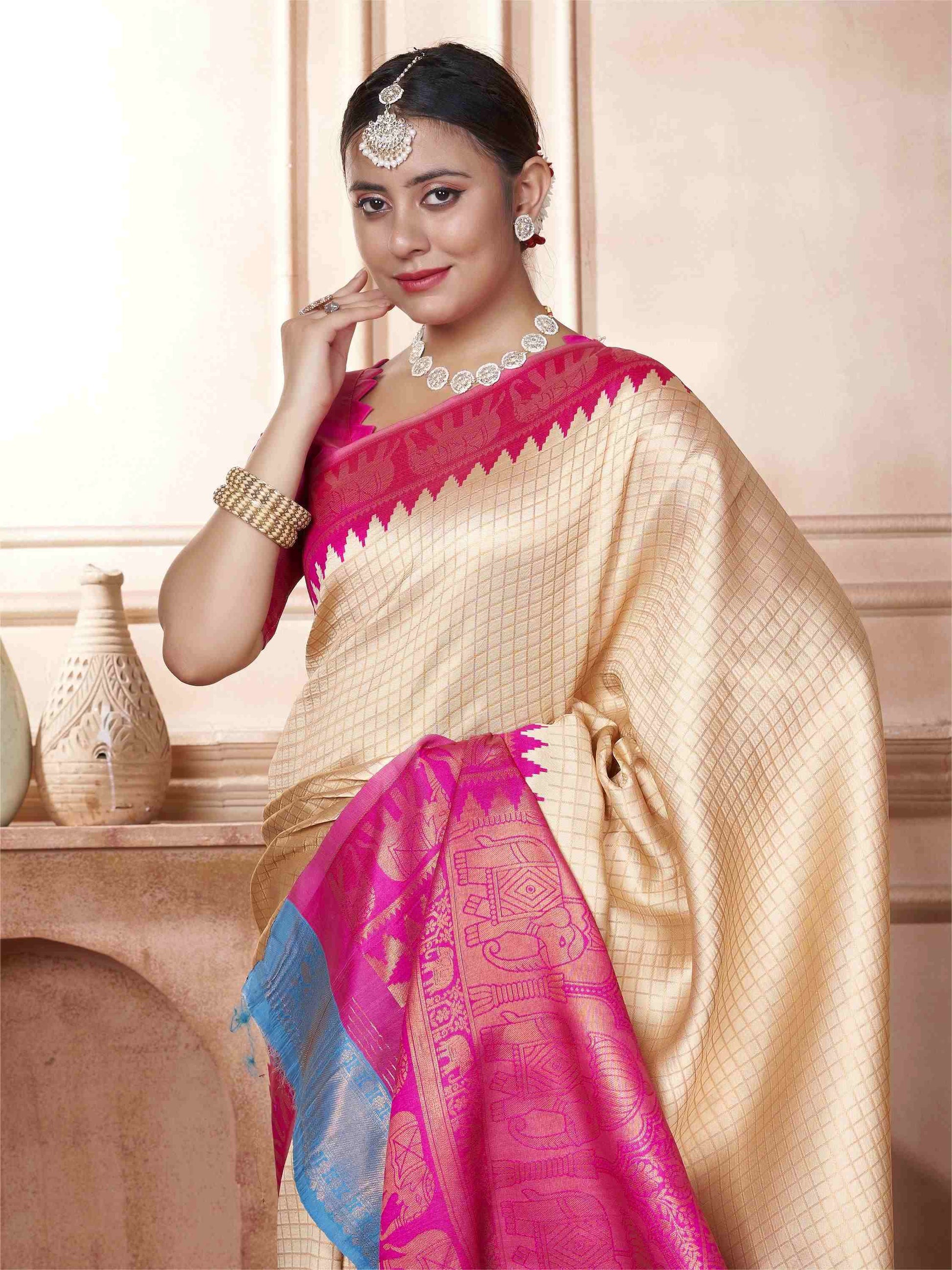 Cream Kanjivaram Silk Saree