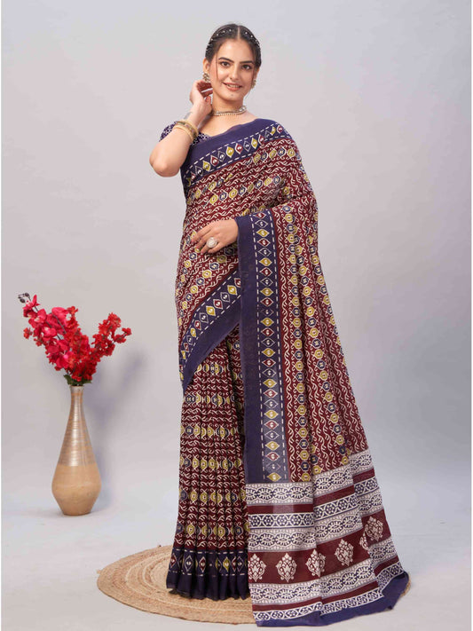 Dark Maroon Jaipuri cotton saree