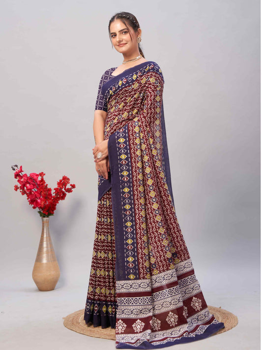 Dark Maroon Jaipuri cotton saree