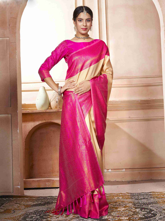 Kanchipuram Silk Saree Cream-Pink