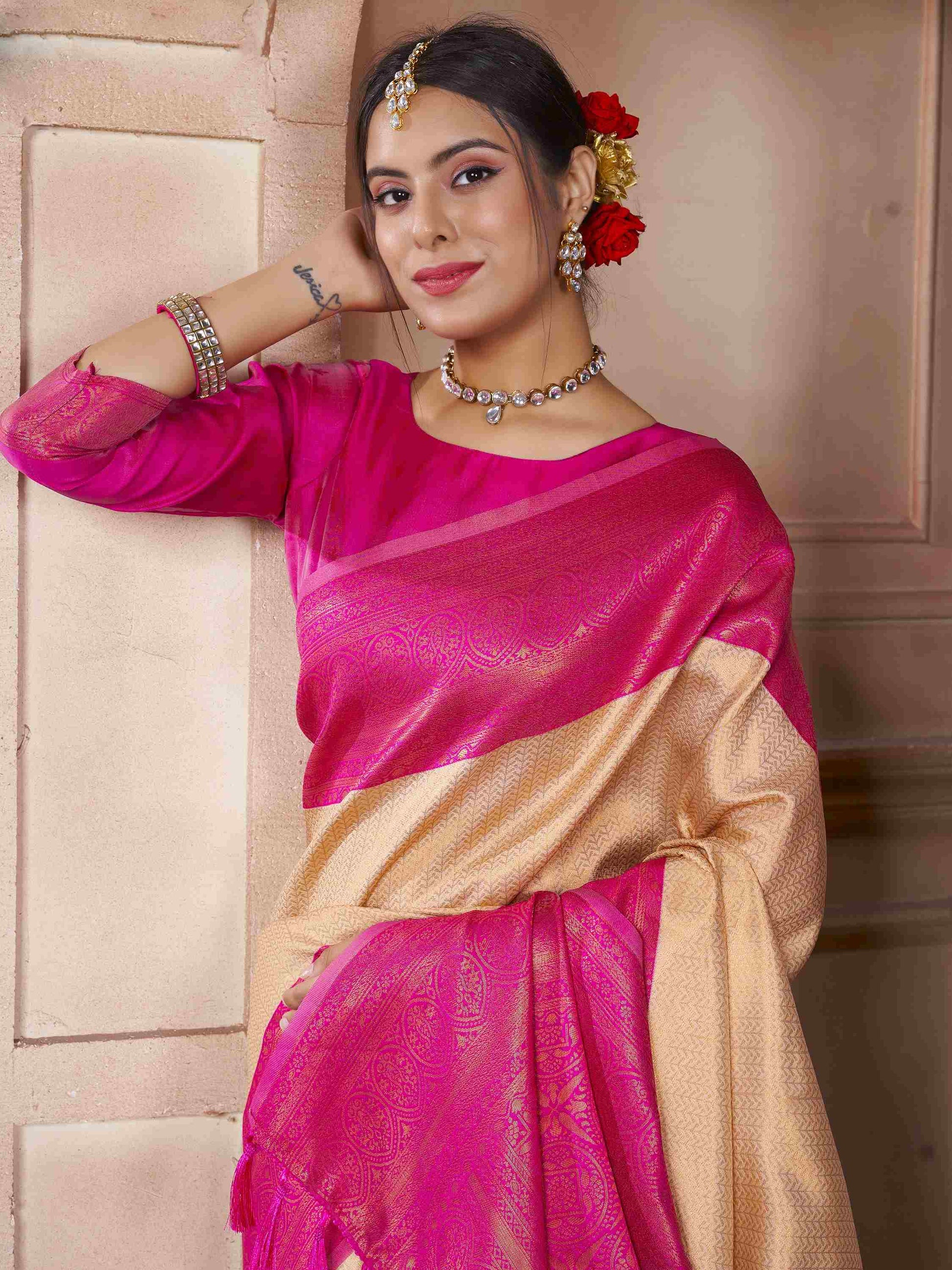 Kanchipuram Silk Saree Cream-Pink