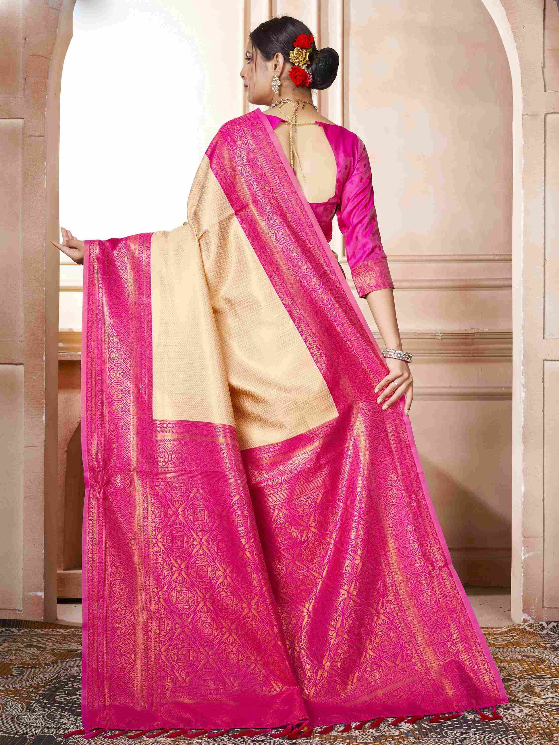 Kanchipuram Silk Saree Cream-Pink