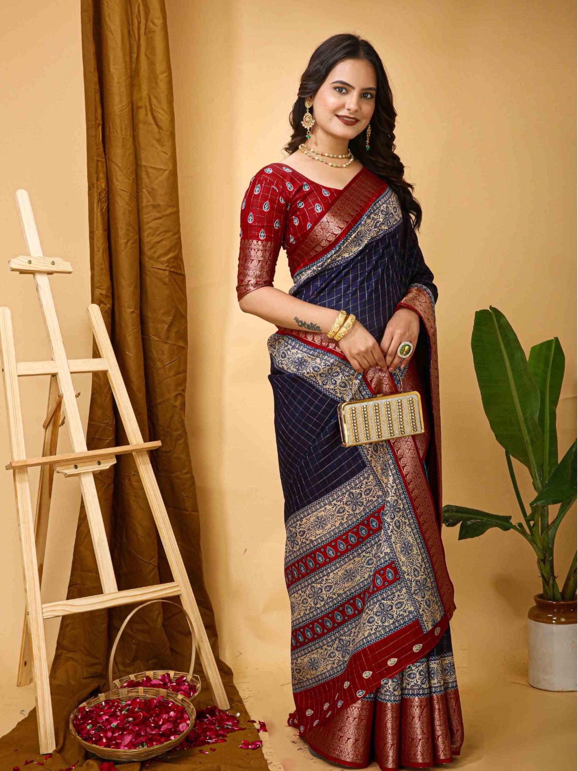 Navy Blue Dola Silk Cotton Saree