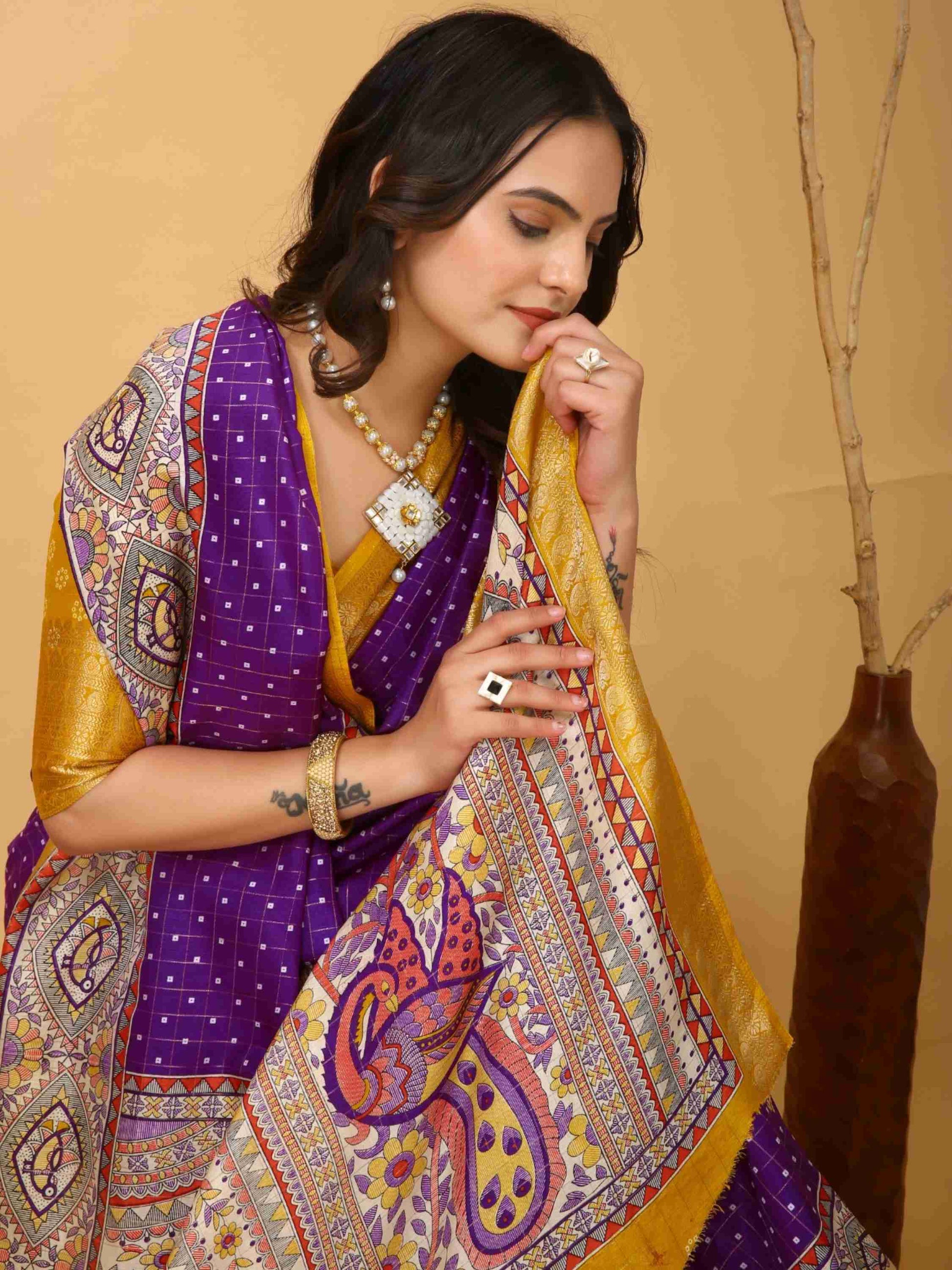 Purple Dola Silk Cotton Saree with Kalamkari print
