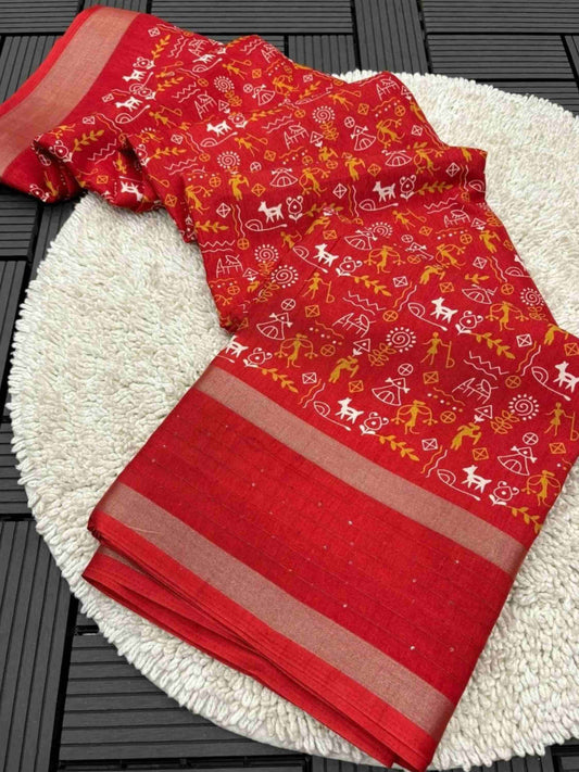 Red Cotton Dola Silk Saree