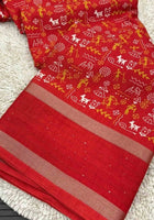 Red Cotton Dola Silk Saree
