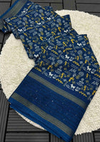 Teal Blue Cotton Dola Silk Saree
