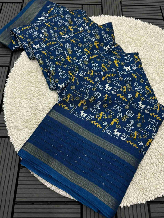 Teal Blue Cotton Dola Silk Saree