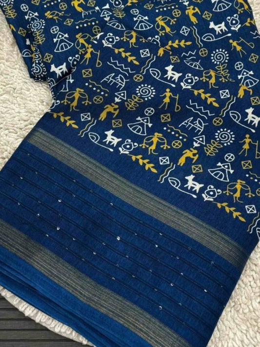 Teal Blue Cotton Dola Silk Saree