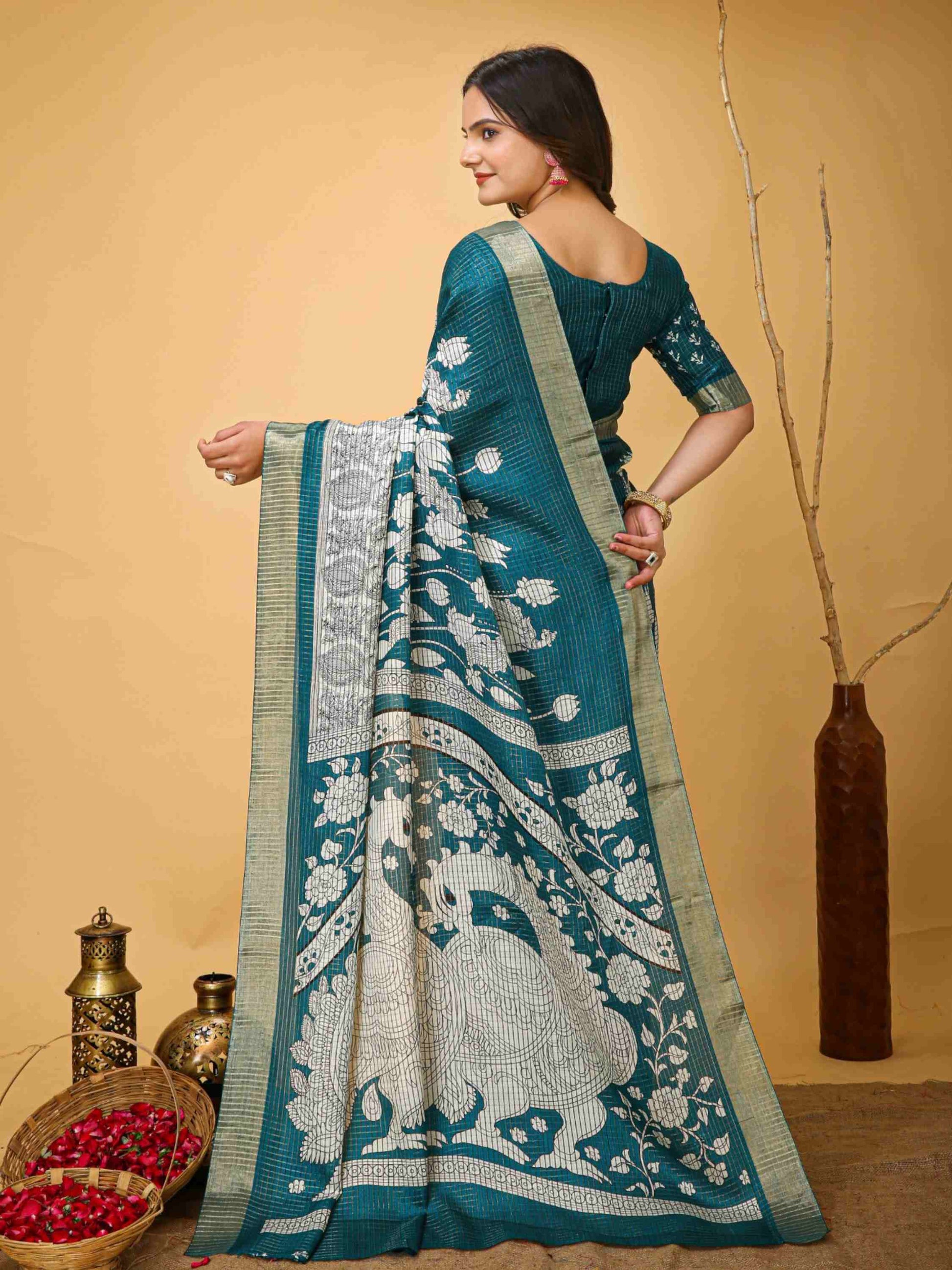 Teal Blue Handloom Cotton Saree