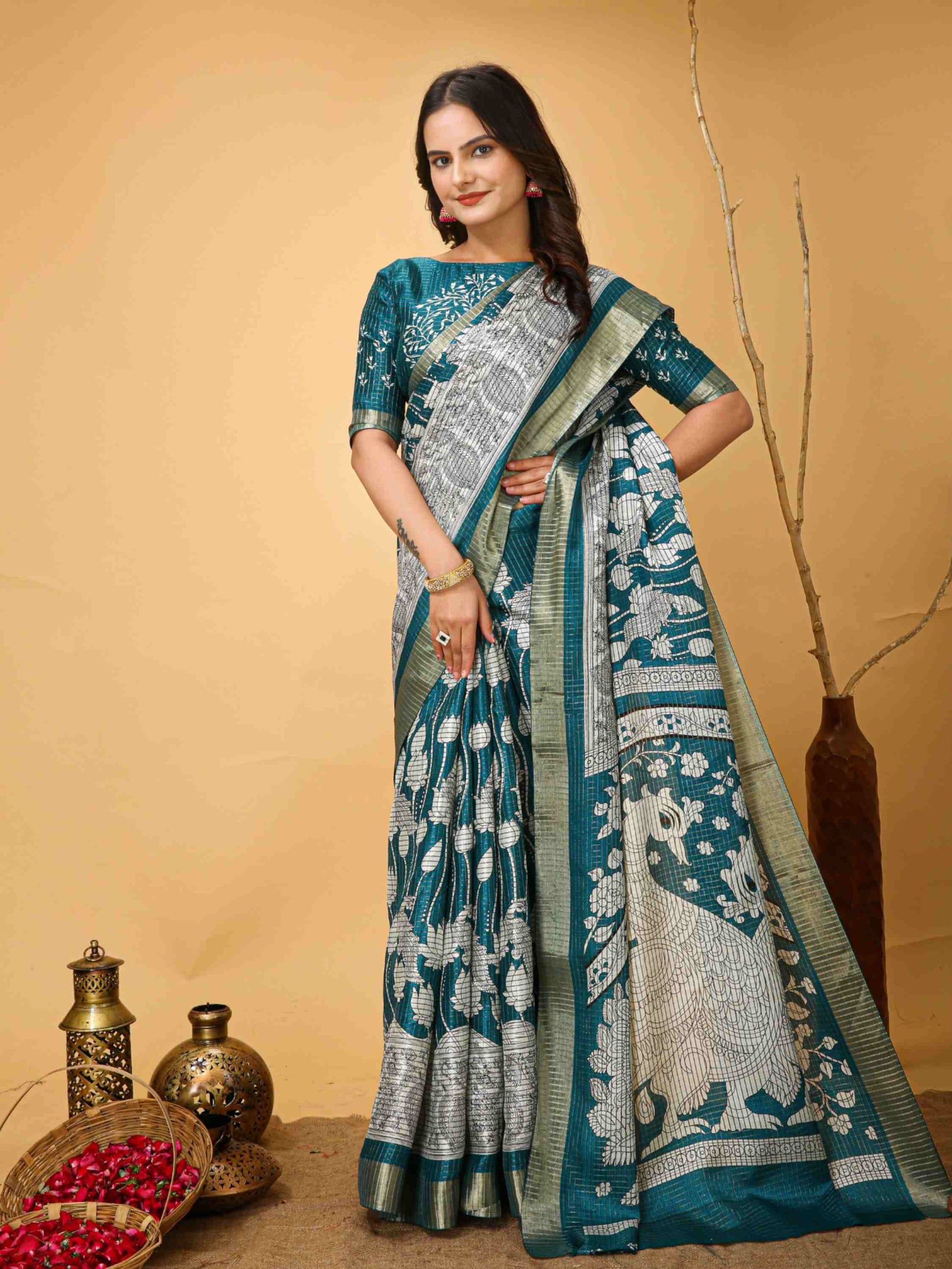 Teal Blue Handloom Cotton Saree