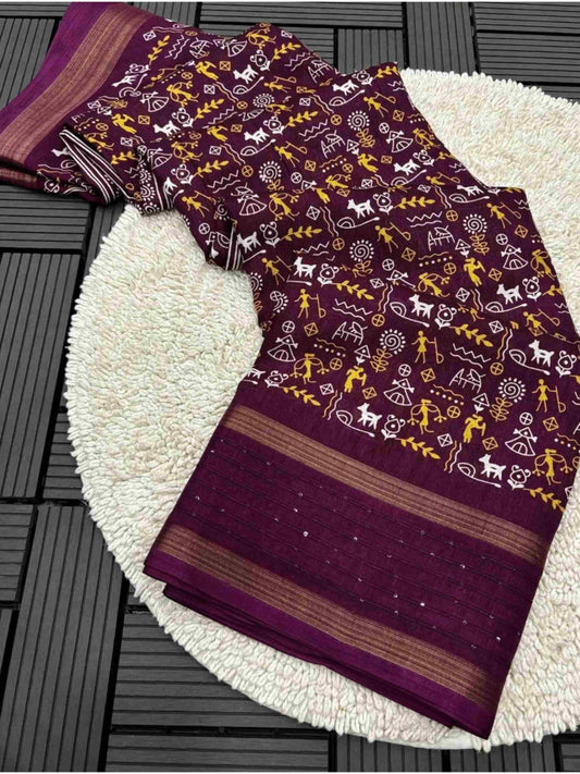 Wine Cotton Dola Silk Saree