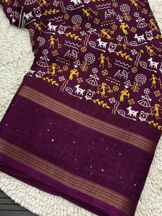 Wine Cotton Dola Silk Saree