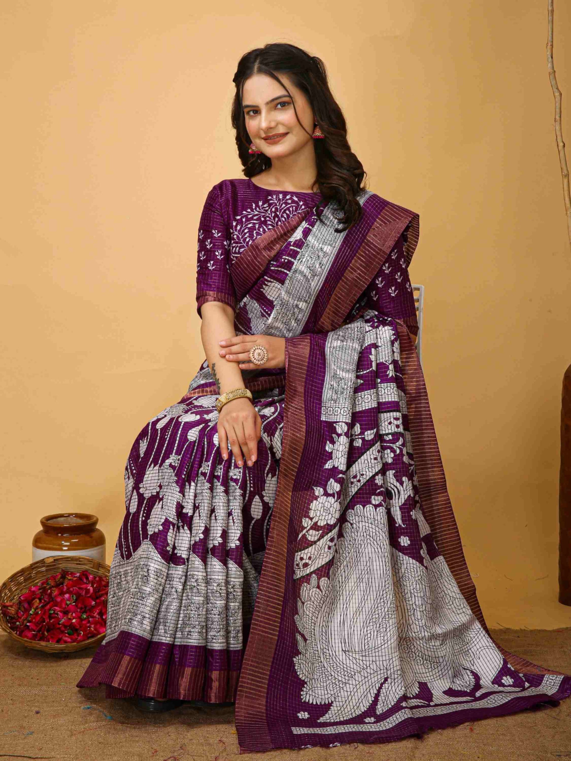 Wine Handloom Cotton Saree