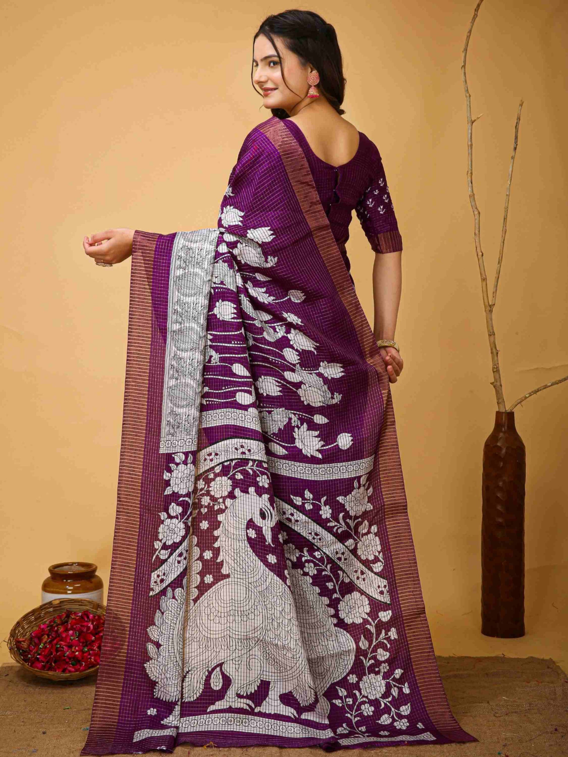 Wine Handloom Cotton Saree