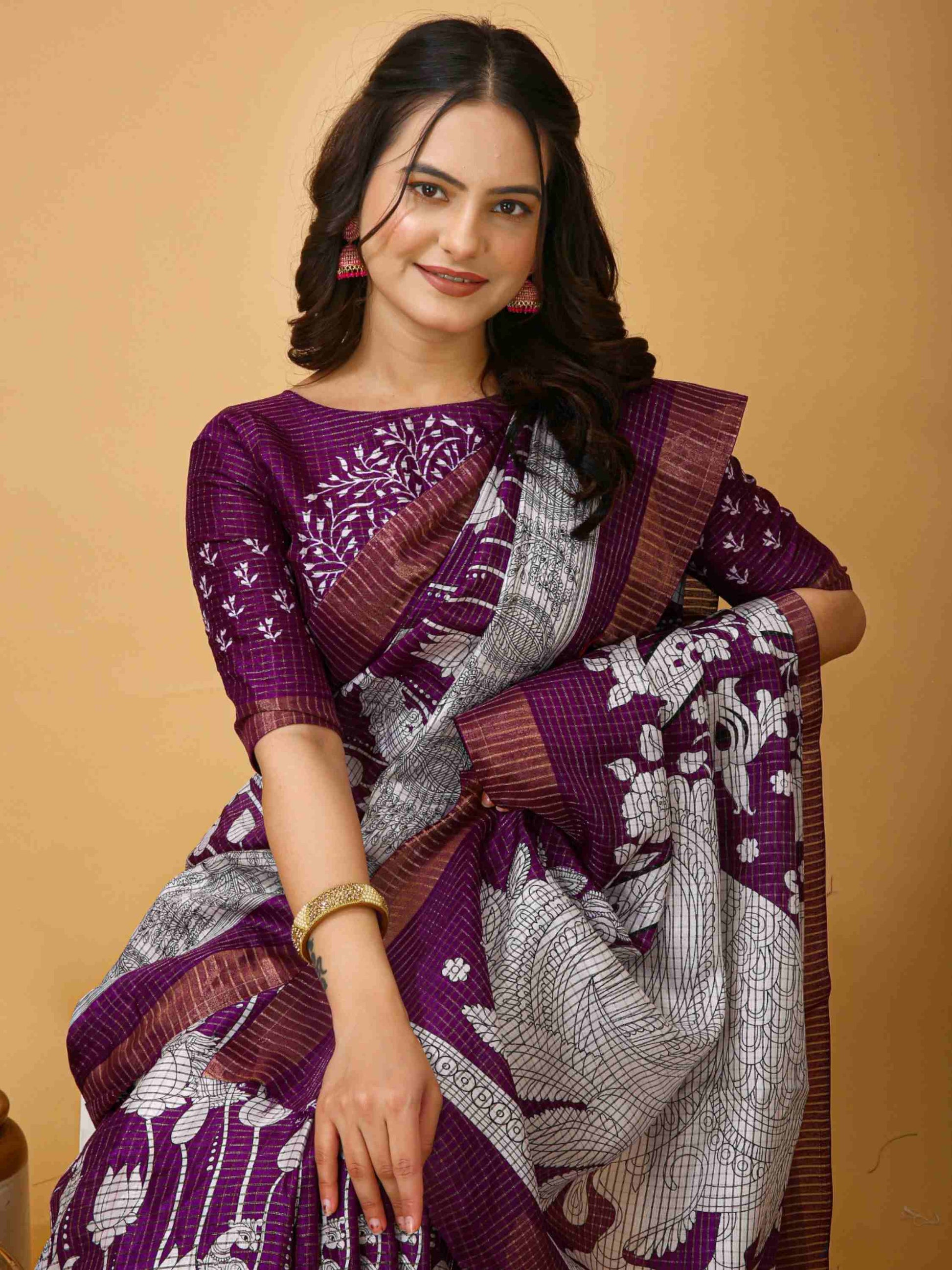 Wine Handloom Cotton Saree
