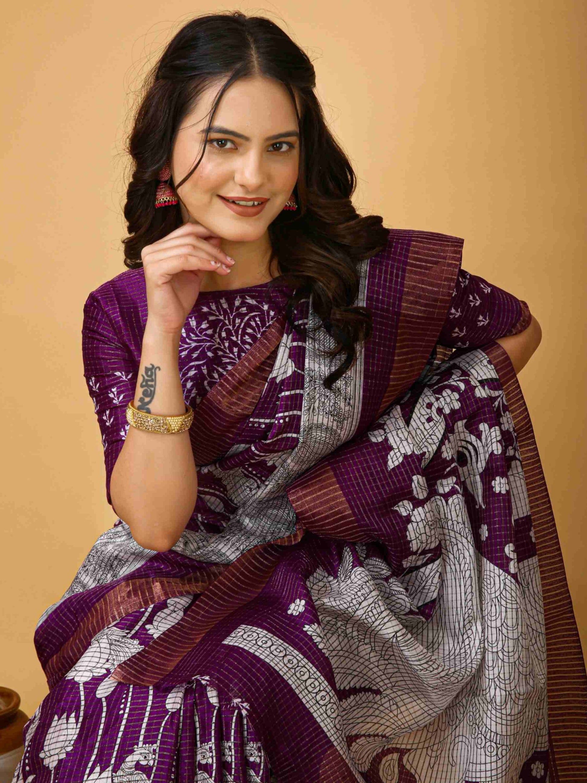 Wine Handloom Cotton Saree